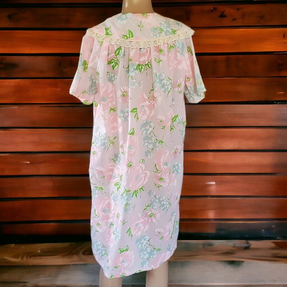 Vintage Pink Floral Patio House Lounge Dress Women's Small Pockets Button USA - Picture 12 of 14